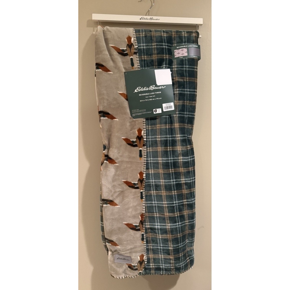 Eddie Bauer Reversible 50x70 Duck Lush Throw Blanket Ducks Plaid New